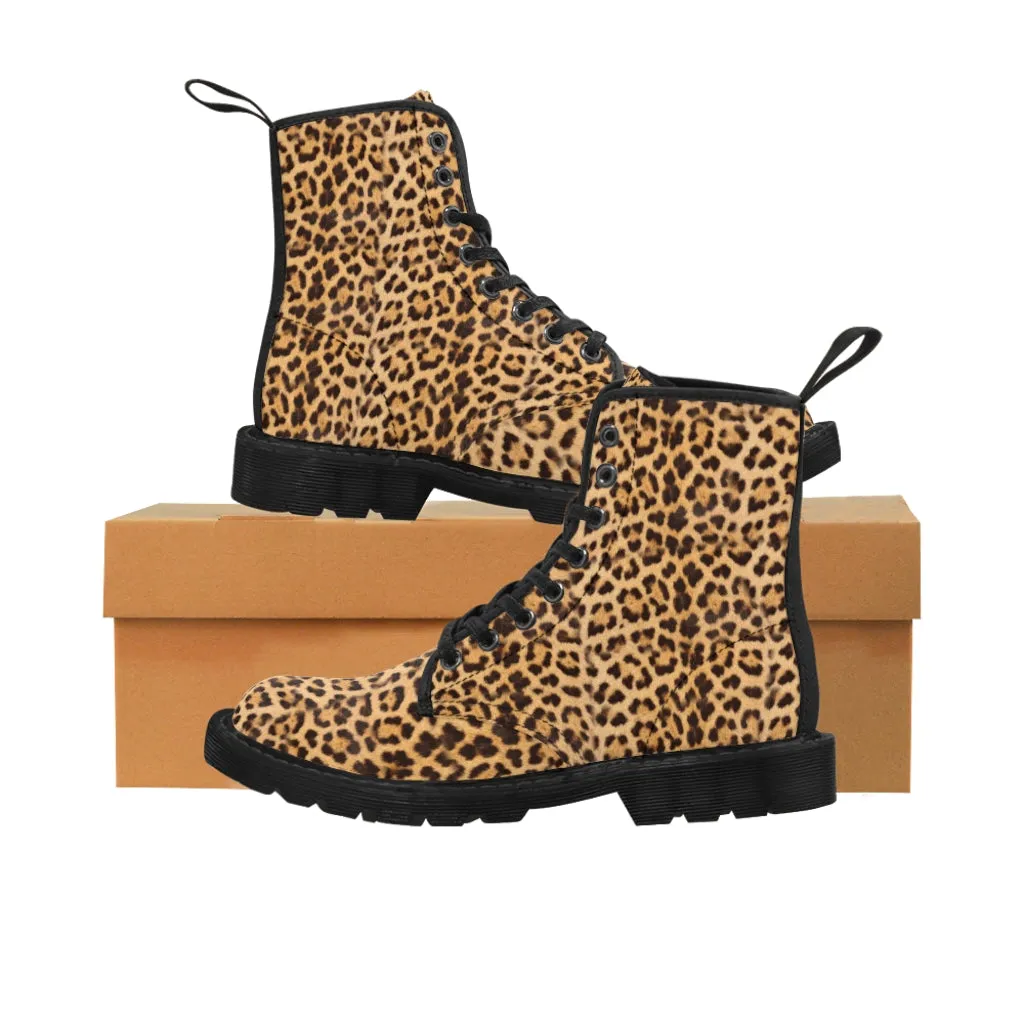 Beige Brown Leopard Men's Boots, Sexy Animal Print Designer Winter Laced-up Boots For Men