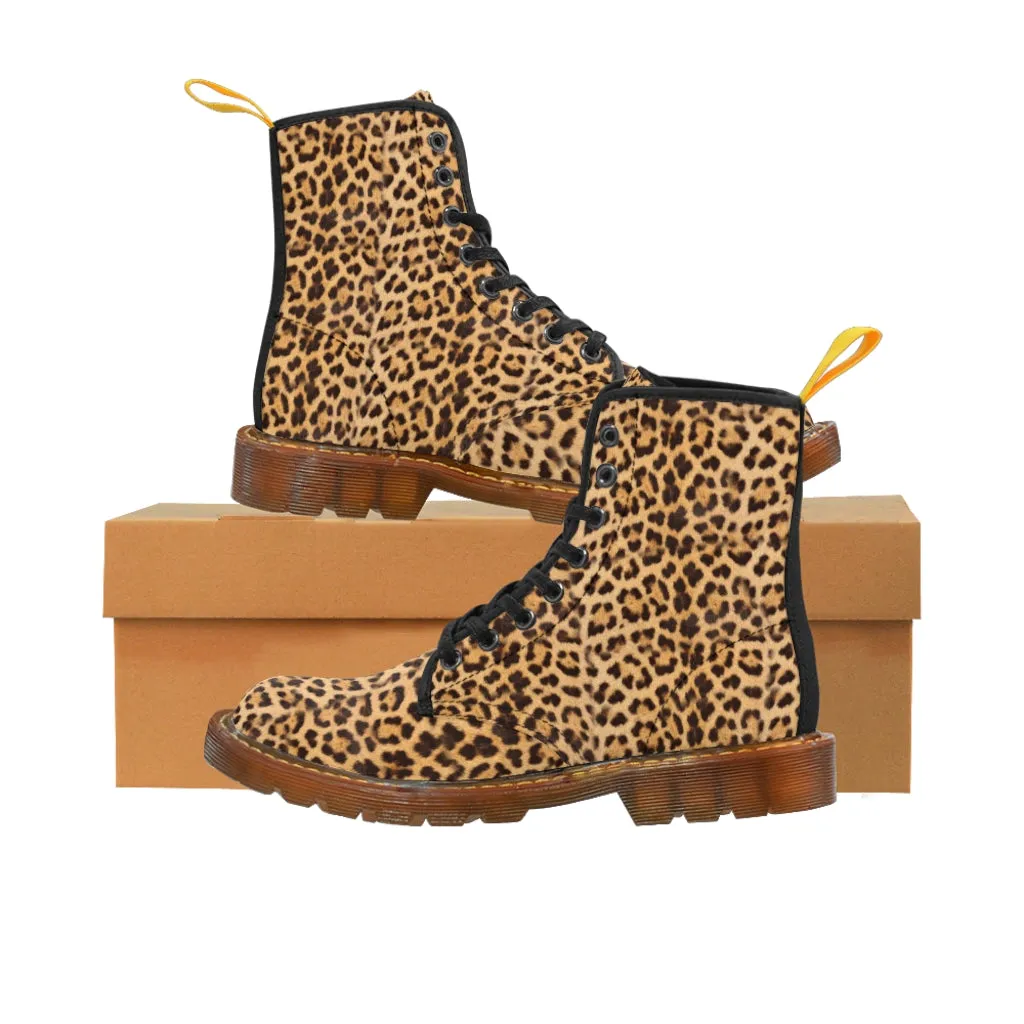 Beige Brown Leopard Men's Boots, Sexy Animal Print Designer Winter Laced-up Boots For Men