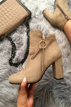 Beige Faux Suede Gold Detail Ankle Boot  - Daisymae