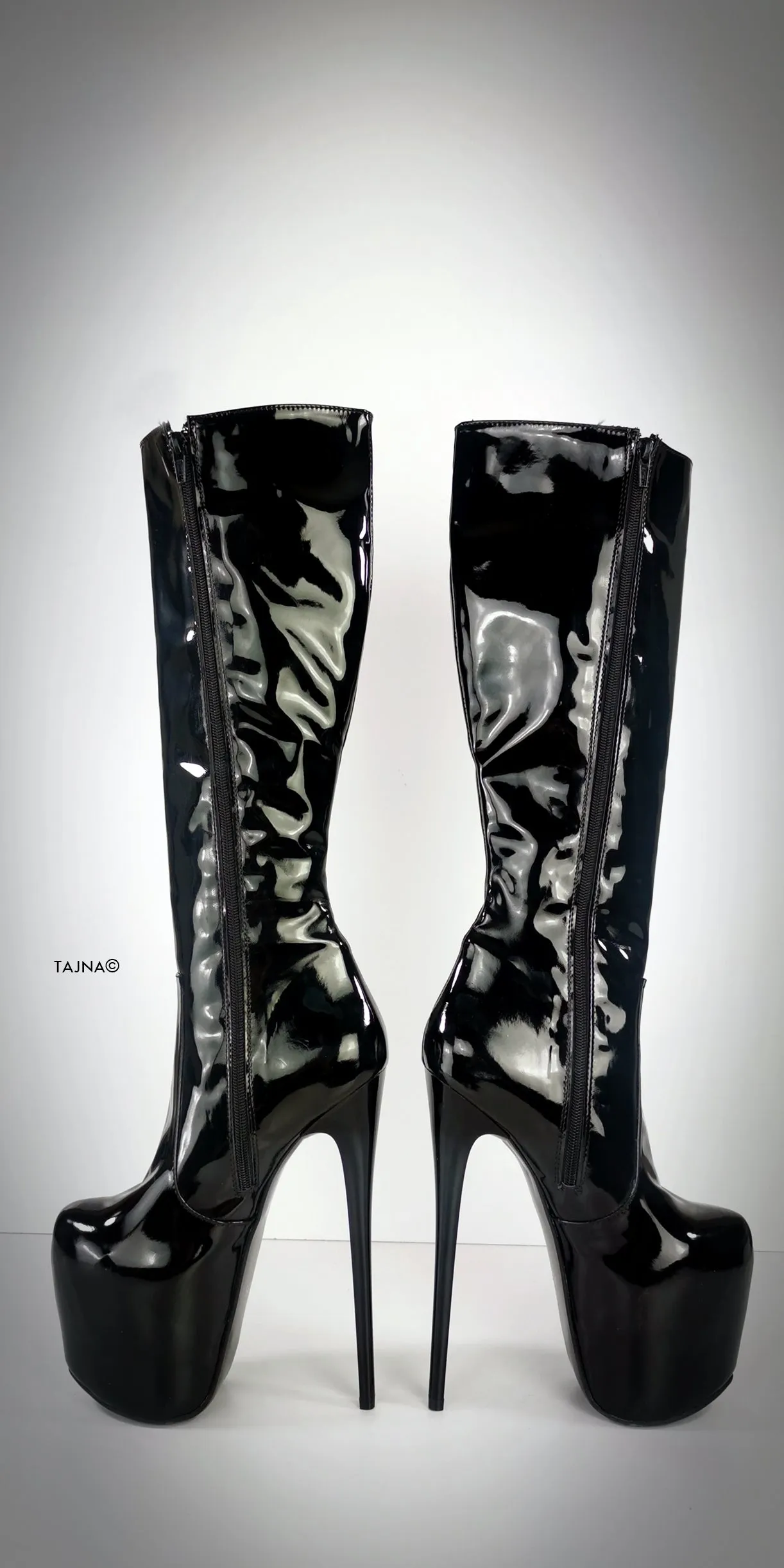 Black Gloss Mid Calf High Heel Boots