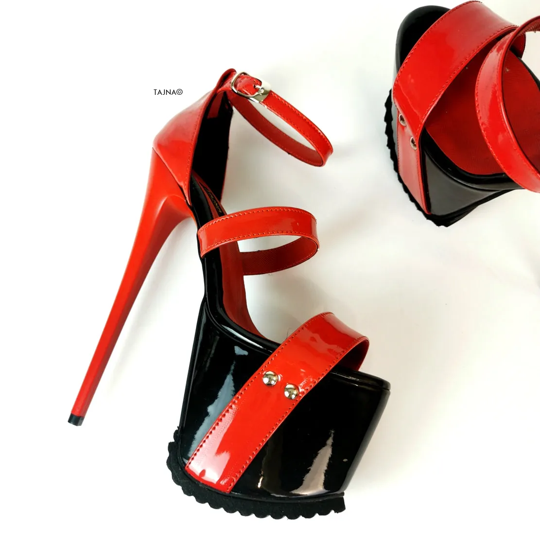 Black Red Patent Serrated Sole Platform Sandals