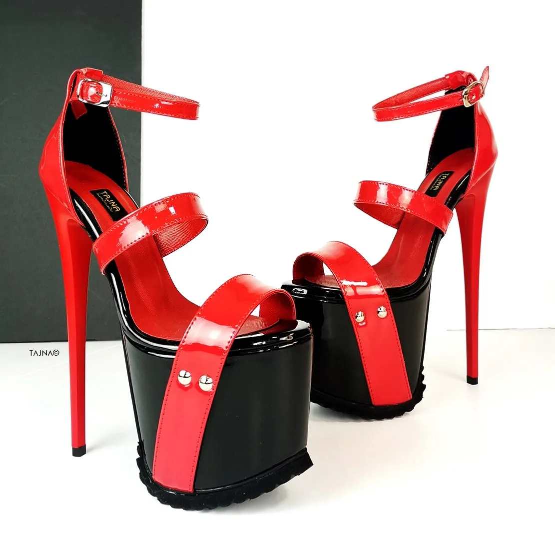 Black Red Patent Serrated Sole Platform Sandals