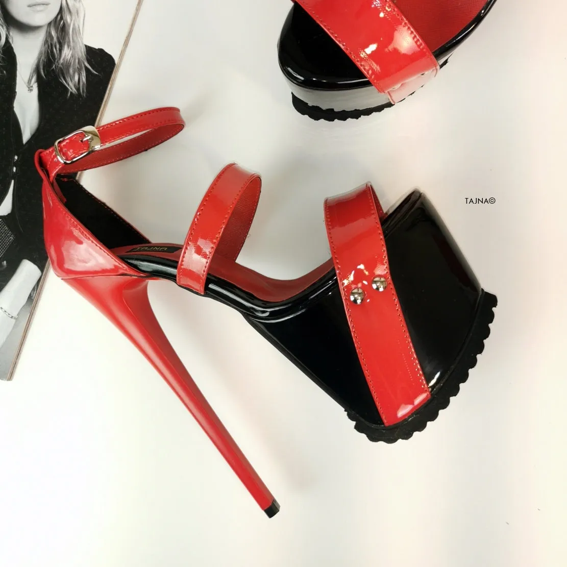 Black Red Patent Serrated Sole Platform Sandals