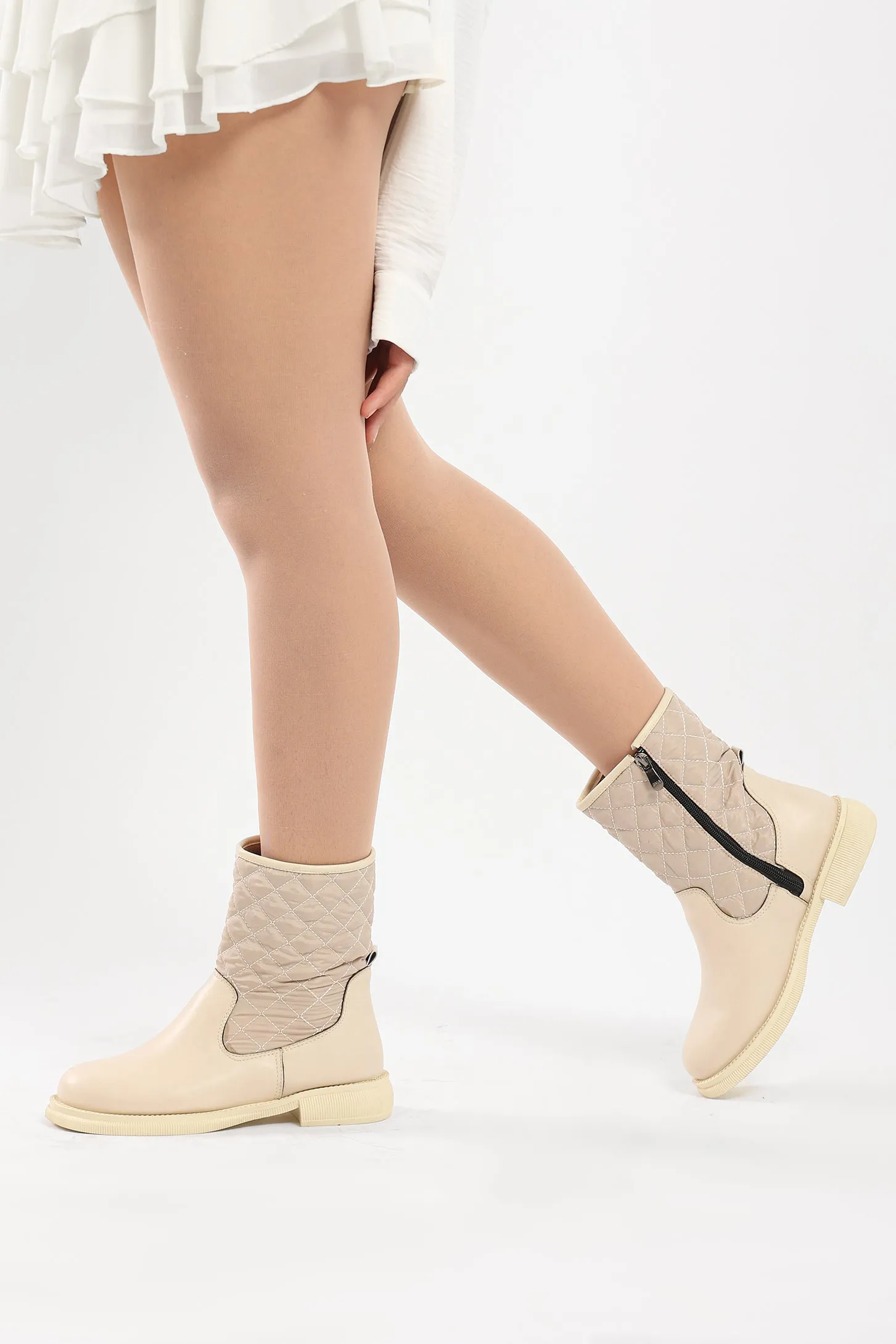 Boots - Quilted Mid-Calf - Beige