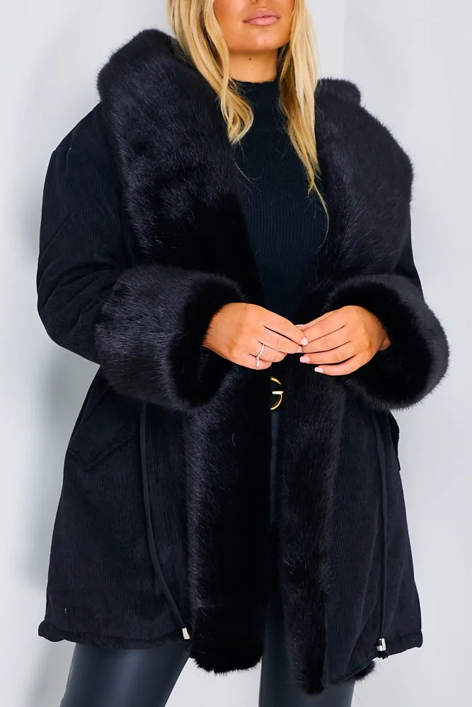 Cacia Black Cord Ribbed Faux Fur Trim Coat