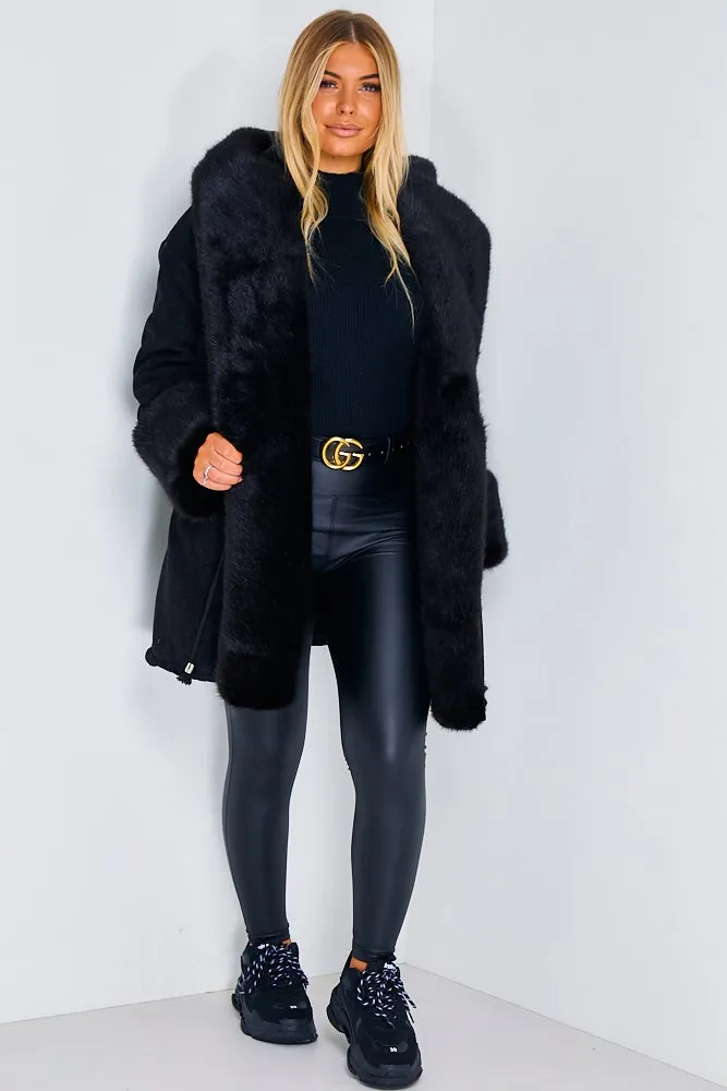 Cacia Black Cord Ribbed Faux Fur Trim Coat