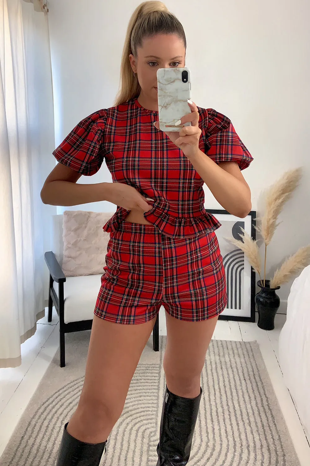 Christina Red Tartan Frill Crop Top and Shorts Co-ord Set