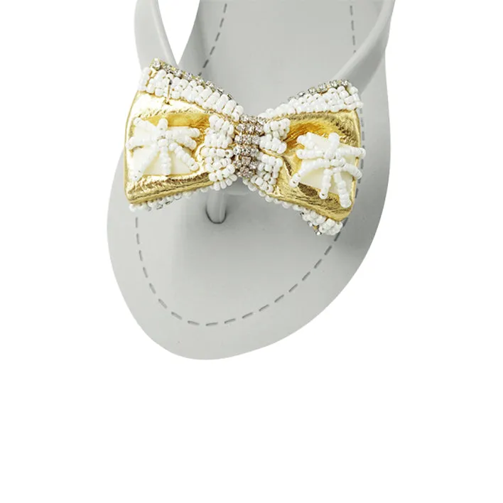 Gold and Pearl bow- Embellished Women's High Wedge Flip Flops Sandal