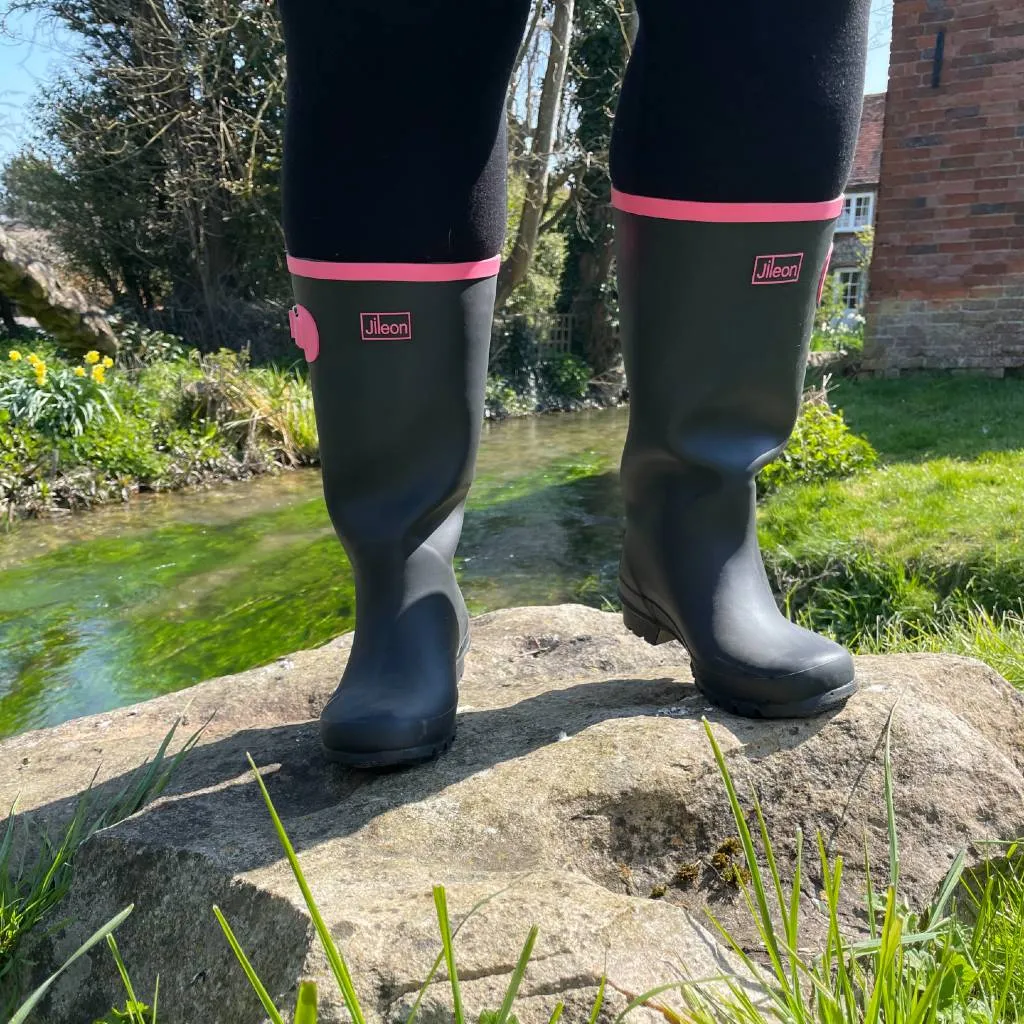 Wide Calf Wellies - Black with Hot Pink Trim- Wide in Foot and Ankle