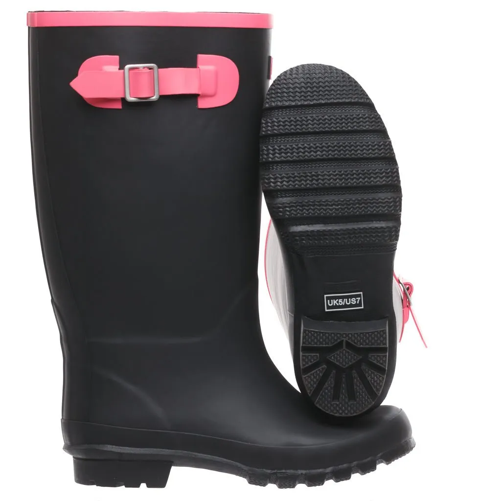 Wide Calf Wellies - Black with Hot Pink Trim- Wide in Foot and Ankle