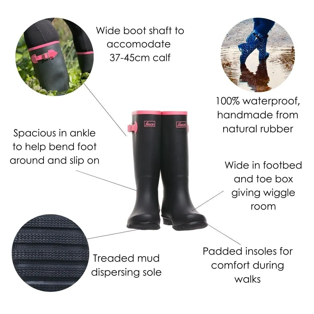 Wide Calf Wellies - Black with Hot Pink Trim- Wide in Foot and Ankle