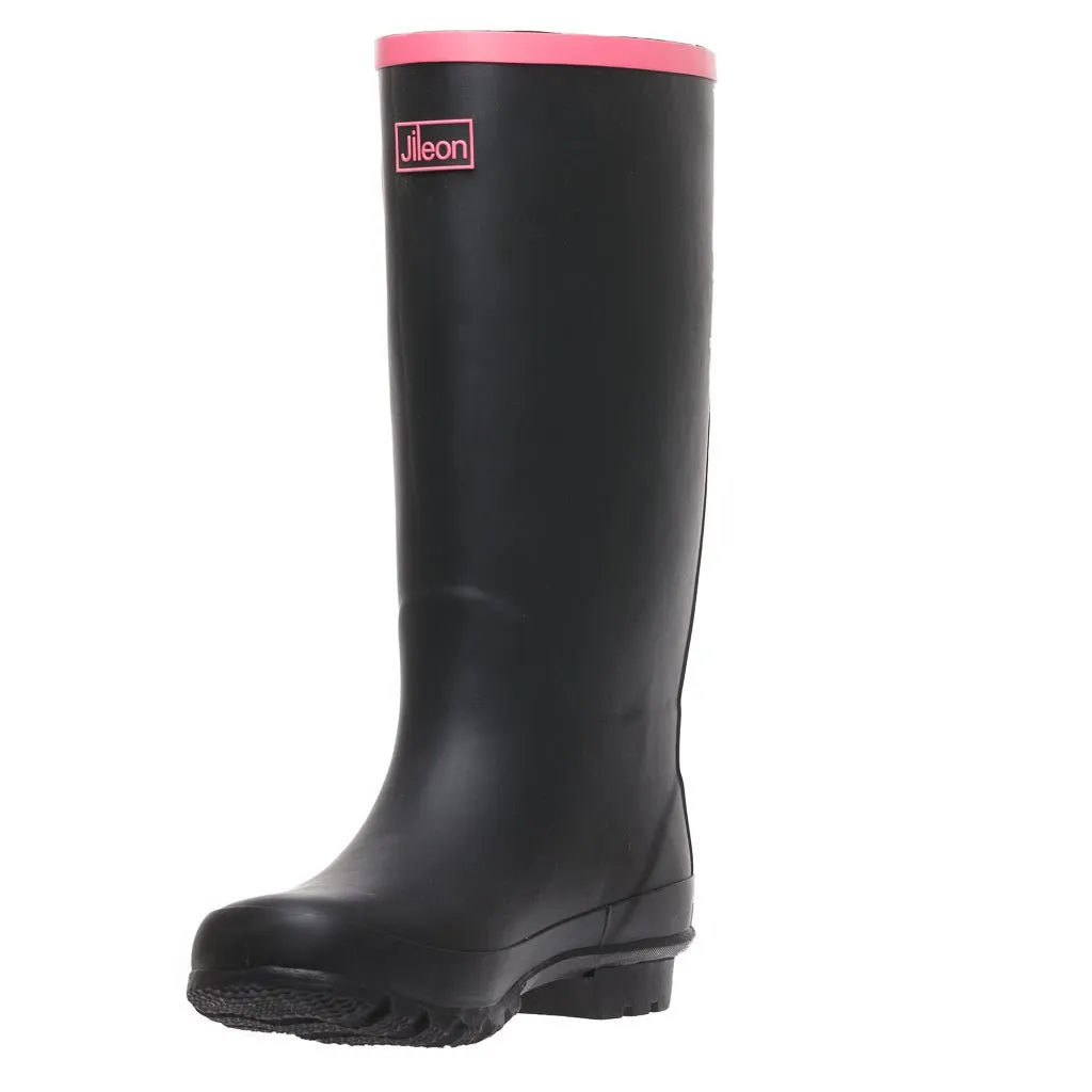 Wide Calf Wellies - Black with Hot Pink Trim- Wide in Foot and Ankle