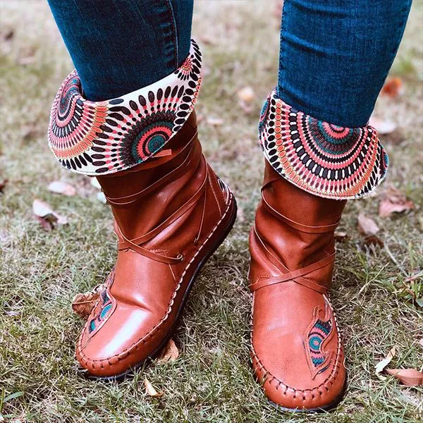 Women's Casual Ethnic Style Flat Mid-Calf Boots 37820467S